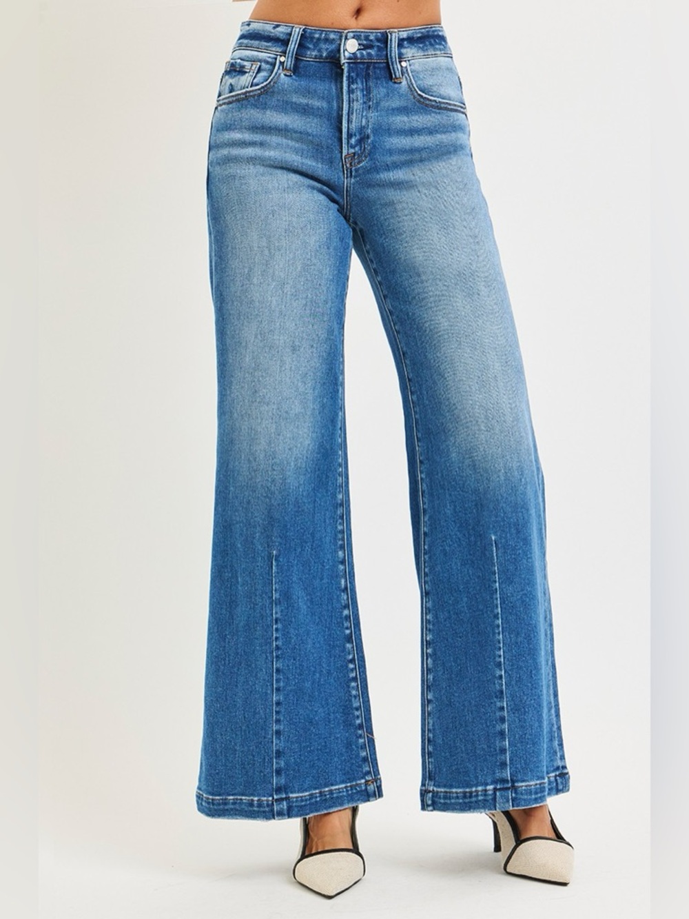 RISEN Full Size Mid Rise Wide Leg Jeans with Flared Look Plus Size - Picture 2 of 7